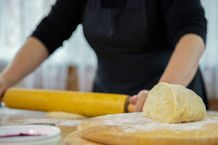 Close up female hands kneading yeast dough on table sprinkled with flour, woman baker cooking roll...