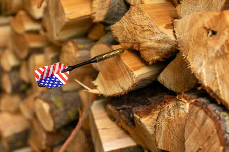 American flag at tail of dart stuck in firewood. Stars and stripes concept. symbol of United States...