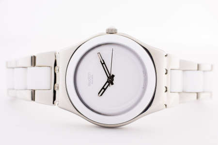 Paris, France 07.10.2020 - Swatch fashion swiss made quartz watch isolated on white background....