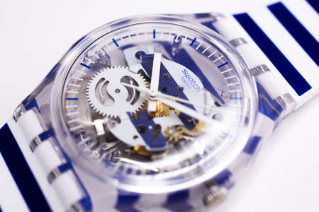Paris, France 07.10.2020 - Swatch cheapest trendy swiss made quartz watch isolated on white...