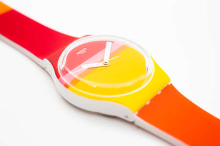 Geneve, Switzerland 07.10.2020 - Swatch childrens trendy swiss made quartz watch isolated on white...