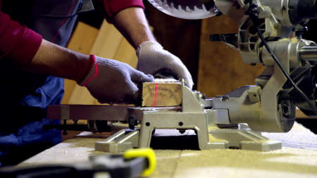 A joiner cuts off a piece of wood blank using a circular saw with a laser in the workshop. Work with...