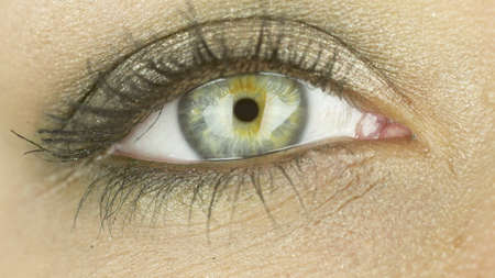 One expressive bright green female eye with yellow centre, with makeup and black shadows. Young caucasian woman looking directly at the camera and blinking. Close-up. Willingness to discover conceptの写真素材