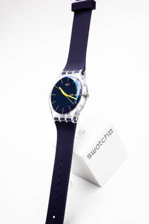 Paris, France 07.10.2020 - Swatch swiss made quartz watch isolated on white background. transparent plastic case Fluorescent colors youth hipster style watch for bright image. Swatch Groupのeditorial素材