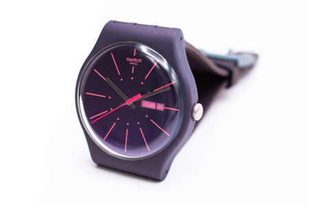 Paris, France 07.10.2020 - Swatch swiss made quartz watch isolated on white background selective...