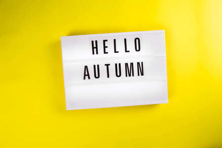 Hello Autumn message on lightbox on yellow background isolated. Top view, flat lay Autumn season, positive mood, harvest time, leaffall, fall conceptの写真素材