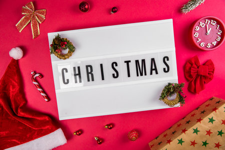 Christmas word on lightbox Xmas decorated bacground, Christmas and New Years Eve, Christmas vacations, gifts conceptの写真素材
