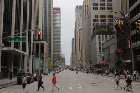 New York City, NY, USA 2.09.2020 - intersection of 6th Ave and 46th Street. Avenue of Americas, IND Sixth Avenue Line, Manhattan Midtown. Radio City Music Hallのeditorial素材