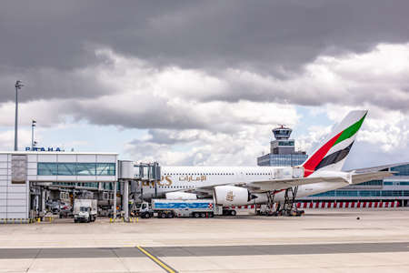 Prague, Czech Republic, 2.09.2020 - Emirates Airbus A-380-800 super jumbo largest passenger aircraft in world waiting for passengers and loading at Prague Airportのeditorial素材