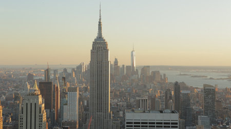 New York City, NY, USA 2.09.2020 - Empire State Building and Manhattan skyline in morning haze. view of Lower Manhattan from Top of the Rock, Rockefeller Center.のeditorial素材