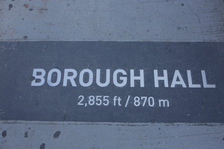 New York City, NY, USA 2.09.2020 - distance sign to Borough hall on dirty concrete in Brooklyn. New York City Tourist Attractions, City Guide, Convenient City Environmentのeditorial素材