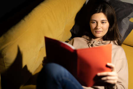 Attractive long-haired girl intently reads book on comfy sofa under spot lampの写真素材