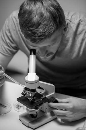 young bearded biologist looking through microscope examining seeds of plantsの写真素材