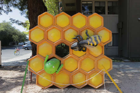 Mountain View, CA, US, 2.09.2020 - Honeycomb at Google Android Statues Square Visitor Center Beta. Android is mobile operating system developed by Google. Silicon Valley tours on Googleplex areaの写真素材