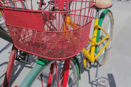 Mountain View, CA, US, 2.09.2020 - Multicolored bicycles parked in front of Google headquarters on Googleplex area, main Google campus in Silicon Valley, south San Francisco bayのeditorial素材