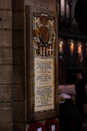 Paris, France, 1.11.2019 - Notre Dame de Paris Interior Detail. in memory plaque to one million men of British Empyre dead in WW I.のeditorial素材