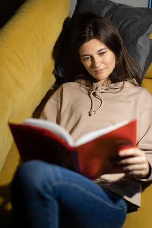 Attractive long-haired girl reads book alone at home lying on comfy sofaの写真素材
