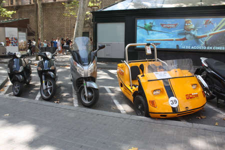 Barcelona, Spain, 1.09.2020 - Go car parked in scooter parking lot in Barcelona, Go car is touristic car rental service to explore city with audio guide and GPS. High mobility for individual touristsのeditorial素材