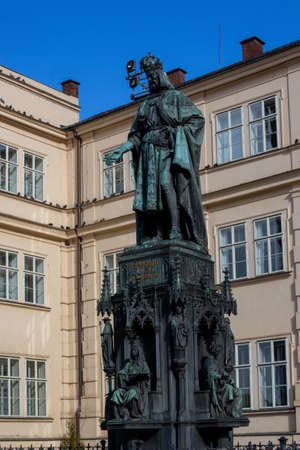Prague, Czech Republic, 2.09.2020 - Monument to Charles IV next to Charles Bridge. Famous Sights of Prague, New Gothic Style Tours of Old Prague, travel concept, heritage of medieval Europeのeditorial素材