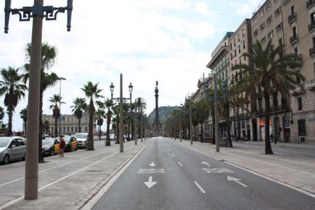Barcelona, Spain, 1.09.2020 - Passeig de Colom, Columbus Boulevard View of Columbus Monument and Montjuic Mount.のeditorial素材