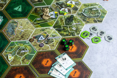 Roseville, MN, USA, 02.04.2021 - Fallout strategy post-apocalyptic Board Game components on table...