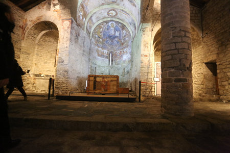 Lleida, Spain, May 1, 2020 - fresco paintings Pantocrator in Church of Sant Climent de Taull. Catalan History of Middle Ages. UNESCO heritage. object of restoration and preservationのeditorial素材