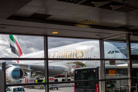 Prague, Czech Republic, 2.09.2020 - Emirates Airbus A-380-800 super jumbo largest passenger aircraft in world waiting for passengers and loading at Prague Airportのeditorial素材