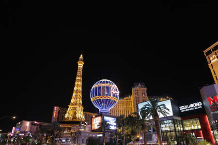 Las Vegas, NV, USA, 2.09.2020 - Night View of Miracle Mile Shops, Paris hotel Casino, Eiffel Tower Viewing Deck on South Las Vegas Boulevard. Iconic view Las Vegas, capital of gambling, luxury showsのeditorial素材