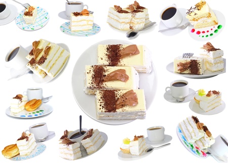 Collection-various cakes on plate with fruits, strawberrys. Isolatedの写真素材