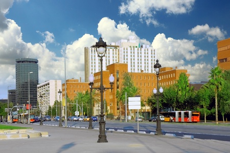 Typical landscape of one urban district in Barcelona, Spain.の写真素材