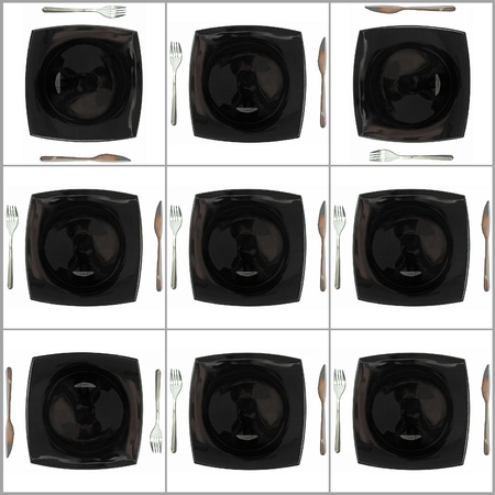 Composition of forks, knifes, spoons, plates  on white background.