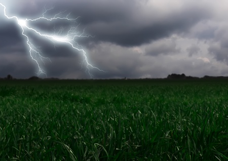 Lightning across the countryside field. Summer