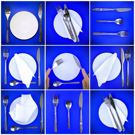 Composition of forks, knifes, spoons ,plates, on blue background.の写真素材