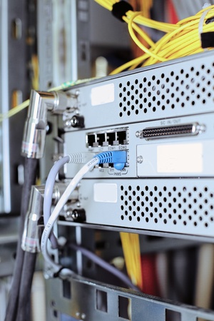 Telecommunication equipment of network cables in a datacenter of mobile operator.の写真素材