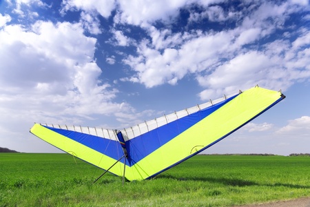 Motorized hang glider over green grass, ready to fly.
