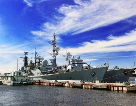 Flagship military ship in gulf.の写真素材