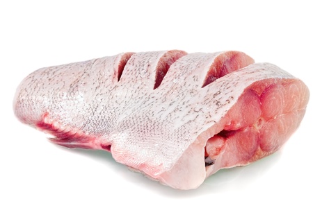 Slices of raw carp  on a white background Isolatedの写真素材