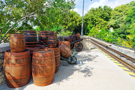 Old cart with wine barrels.Wild West.の写真素材