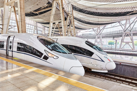 BEIJING, CHINA- MAY 23, 2015: High speed train at the railways station of  Beijing. Speed train is ...