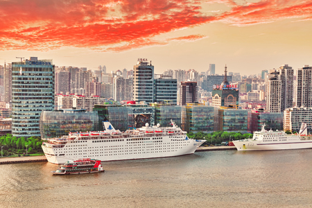 SHANGHAI-MAY 24, 2015. Skyline view from Bund waterfront on Pudong New Area- the business quarter of the Shanghai. Shanghai district in most dynamic city of China.のeditorial素材