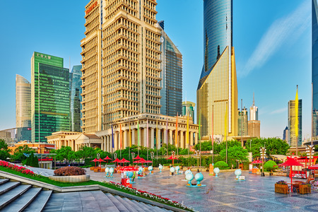 SHANGHAI, CHINA- MAY, 24, 2015: Beautiful skyscrapers, city building, beautiful office and commercial buildings in the Pudong business part of modern Shanghai - the financial capital of the Republic of China. China.のeditorial素材