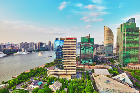 SHANGHAI, CHINA- MAY, 24, 2015: Beautiful skyscrapers, city building, beautiful office and commercial buildings in the Pudong business part of modern Shanghai - the financial capital of the Republic of China. China.のeditorial素材