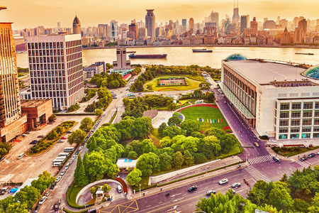 SHANGHAI-MAY 24, 2015. Skyline view from Bund waterfront on Pudong New Area- the business quarter of the Shanghai. Shanghai district in most dynamic city of China.のeditorial素材
