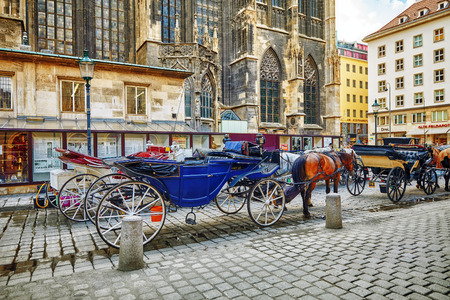 VIENNA, AUSTRIA- SEPTEMBER 10, 2015: Carriage horses walking in the streets of one of the most beautiful European cities - Vienna.Austriaのeditorial素材