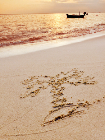 Drawing "Palm-tree" in the sand on a tropical island,  Maldives.の写真素材