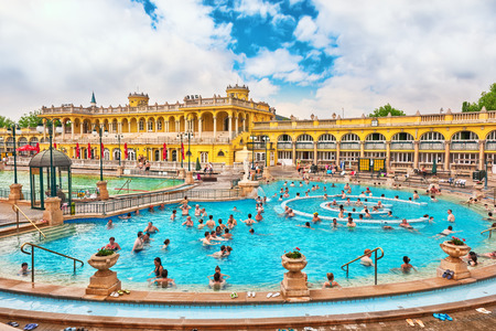 BUDAPEST, HUNGARY - MAY 02,2016: Courtyard of Szechenyi Baths, Hungarian thermal bath complex and spa treatments.のeditorial素材