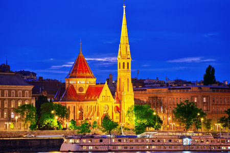 Calvinist Church shore view's of the Danube .Budapest. Hungary. Night time.の写真素材