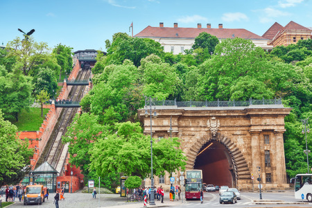 BUDAPEST, HANGARY-MAY 02, 2016: Funicular Royal Castle of Hungarian kings and road tunnel. Buda Hill Funicular was destroyed in World War II and rebuilt recently.のeditorial素材