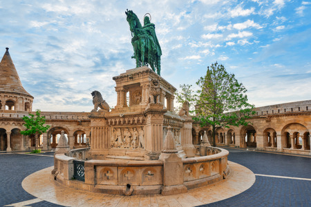 View on the Old Fisherman Bastion in Budapest. Statue Saint Istvanのeditorial素材