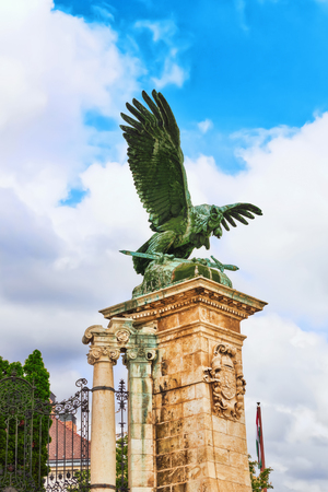 BUDAPEST, HUNGARY- MAY 03, 2016: Eagle sculpture of Attila with sword powerful clawed paws mythical bird Turul. This sculpture Donat Gyula (Gyula Donath, 1905) in the territory Budapest Royal Castle at day  time.のeditorial素材